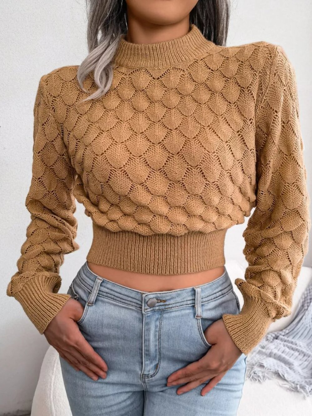 Mock Neck Textured Cropped Sweater - Picture 5 of 13